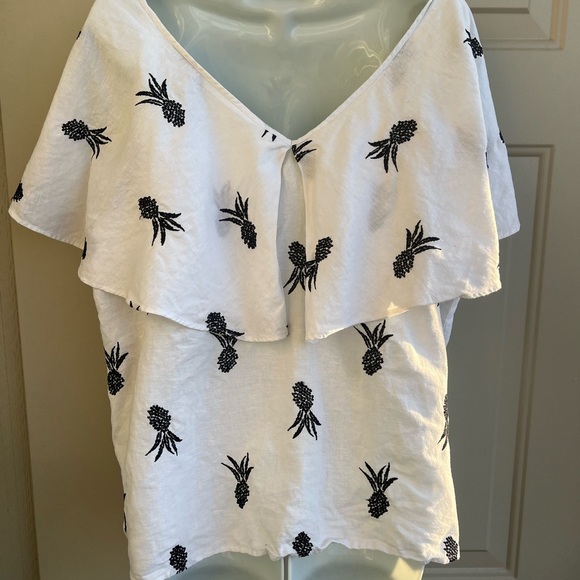 Ann Taylor White Flutter Sleeve Black Embroidered Blouse Linen Blend Size XXL - Picture 4 of 11